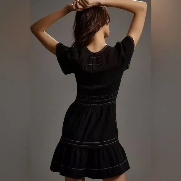 Anthropologie Black Mini Dress with White Stitching - Picture 2 of 7